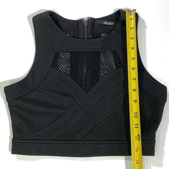 LuLu’s Black Stretch Crop Top Fishnet Panels Back Zip size M - Picture 11 of 11